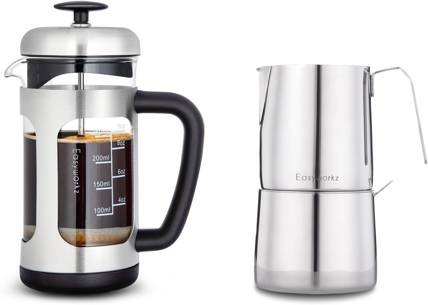 Easyworkz Stainless Steel French Press 12 oz, Bundled Stainless Steel 304 Creamer and Sugar Bowl with Spoon Coffee Serving Set Chrome