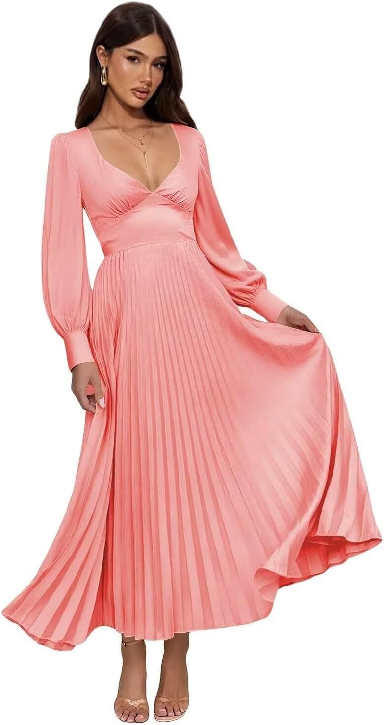 V Neck Pleated Satin Plus Size Bridesmaid Dresses Long Tea Length Prom Dress for Women A Line Coral Tea Length Formal Evening Gowns US Size 16W