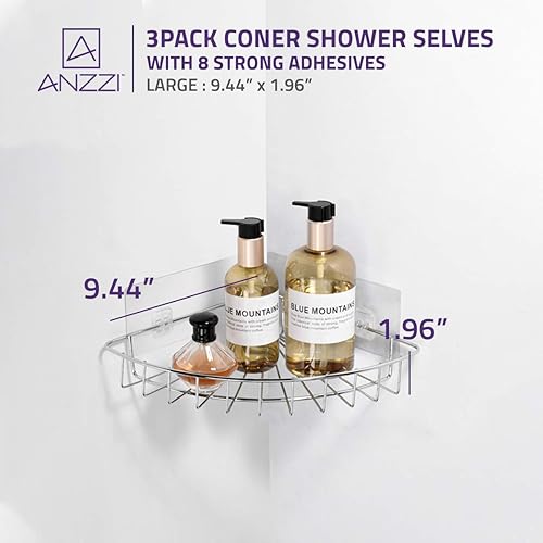 Miniatura 5 de ANZZI AC-AZSC64CH - Juego de 3 estantes esquineros para ducha con 8 adhesivos cromados, estantes organizadores de almacenamiento de acero para baño,