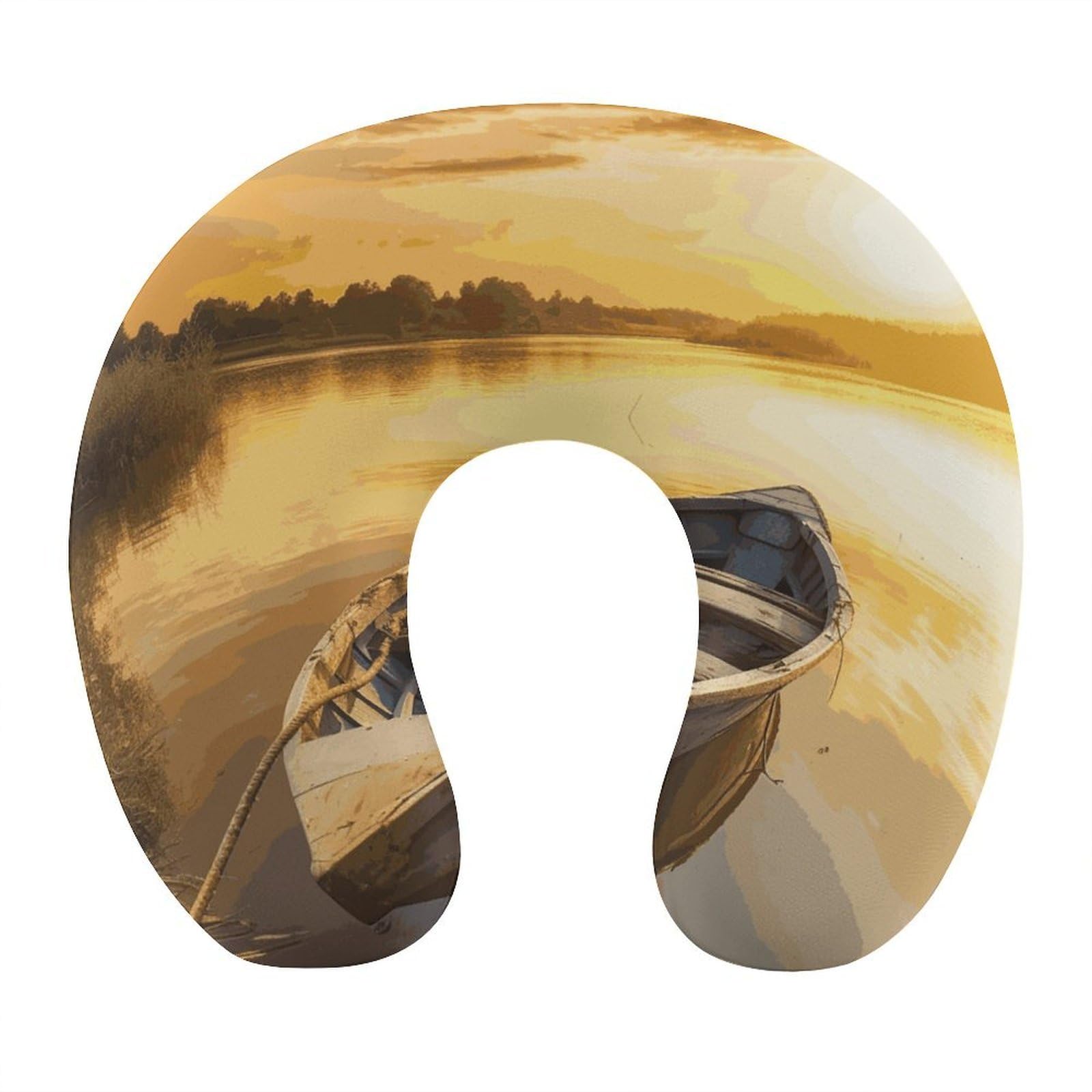 FekiLoot River Sunset Wooden Boat Travel Pillow,U Shaped Office Napping Pillow Support Neck and Head Comfortable Travel Neck Pillow U Shape Sleeping Essentials for Long Haul Flights