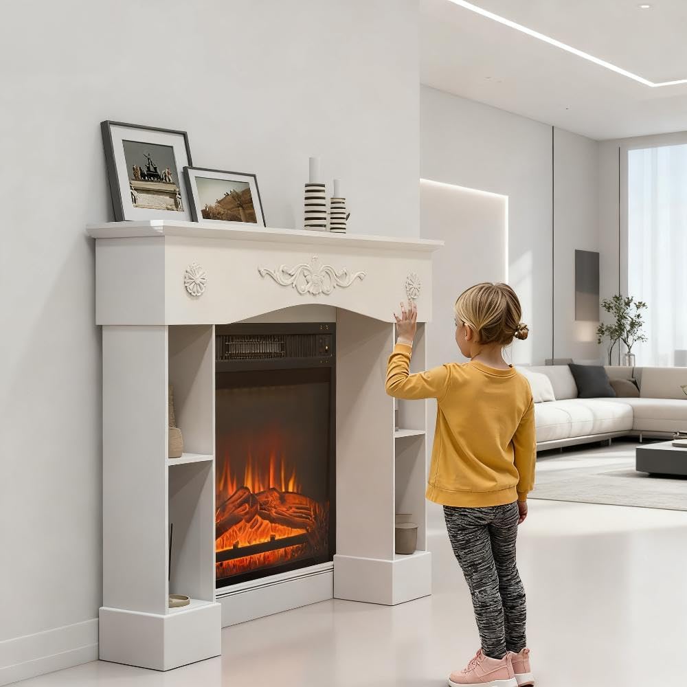 Baroque Fireplace Mantel Surround with Storage, Freestanding MDF & Wood Fireplace Frame for Electric Fireplaces, Decorative White Surround with Shelves & Anti-Tip Kit