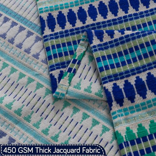 Image of HOKIPO 'Artisan Boho Series' L Shape (3+2 Seater) Sofa Cover Seat Mat | 450 GSM Cotton Acrylic Jacquard Fabric with Tassel, Royal Blue (IN-904+903-A2)