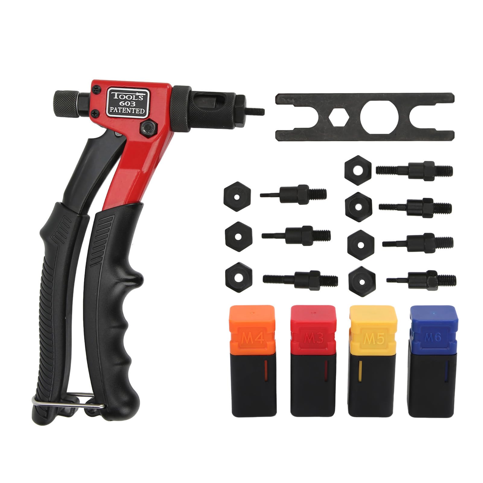 Kit de Remachado Manual Kit de Remache Manual Herramienta de Tuerca de Remache de Metal Resistente con Mandriles M3 M4 M5 M6 y SAE Uso Ergonómico con una Sola Mano para Muebles Metálicos