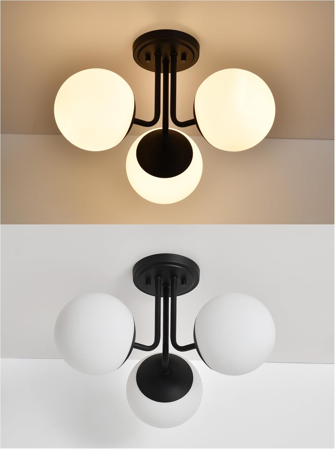 3 Light Semi Flush Mount Ceiling Light Fixture, Modern Globe Chandelier, Sputnik Farmhouse Lighting for Kitchen Bedroom Bathroom Living Room Corridor Laundry Room Bar (Matte Black)
