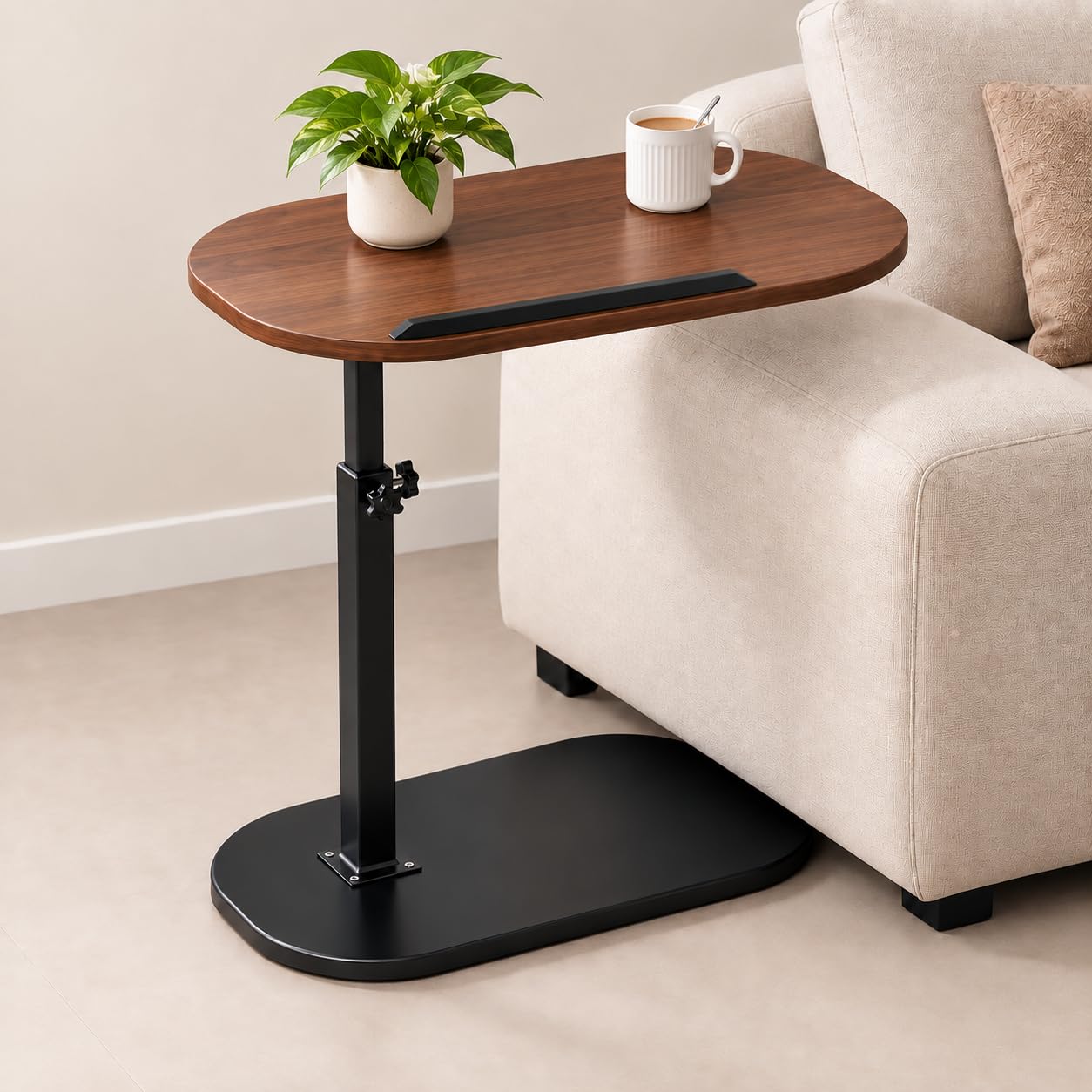 homero adjustable height c-shaped side table with 360° rotating top | wood-finish tabletop, sturdy steel frame | slides under sofa & bed for laptop, coffee & snacks (living room, bedroom, office)