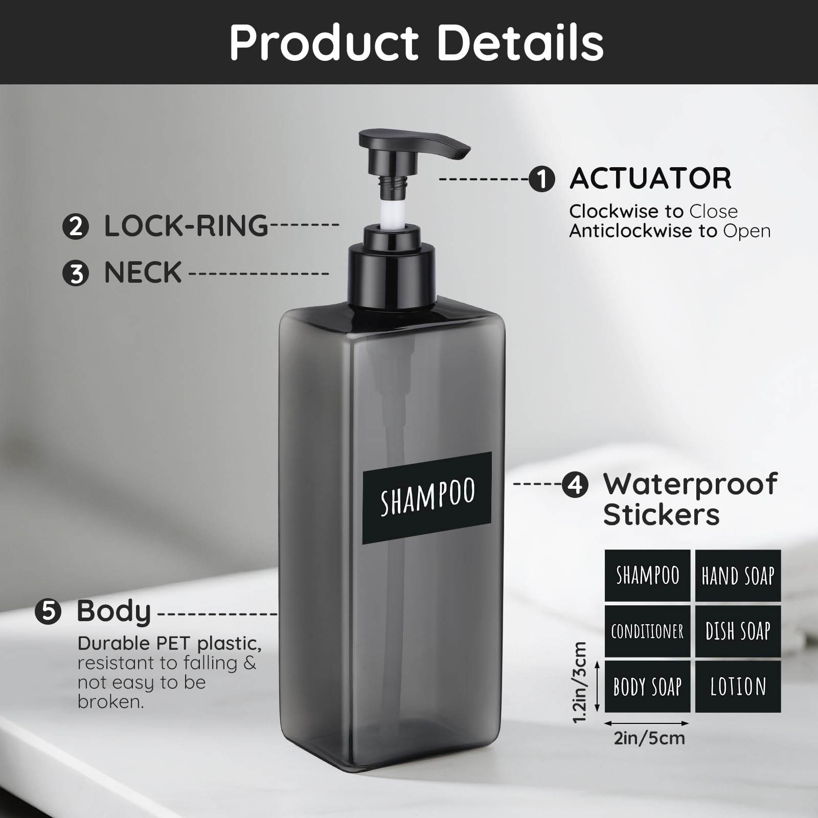 Segbeauty Dispenser Sapone Bagno, 4 Pezzi 500ml Dispenser Bagnoschiuma Doccia, Bottiglie Vuote, Flacone con Adesivi per Bagno, Cucina, Hotel, Ristoranti (Grigio)