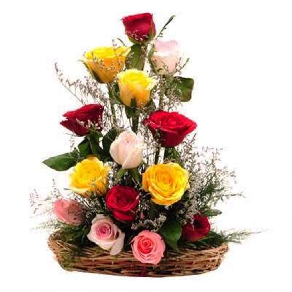 New Year Special Fresh Flowers Basket Arrangement of 15 Mixed Roses || Bunch of 15, Medium (Multicolour)-image-11