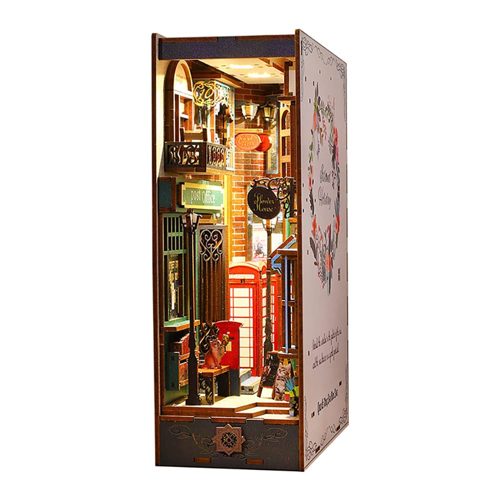 SXDMOUBK 3D Wooden Puzzle Bookshelf Insert Decor with Sensor Light Music Box,DIY Dollhouse Miniature Book Nook Assemble Kit,Bookends Model Build-Creativity Kit for Adults Women Birthday Gift