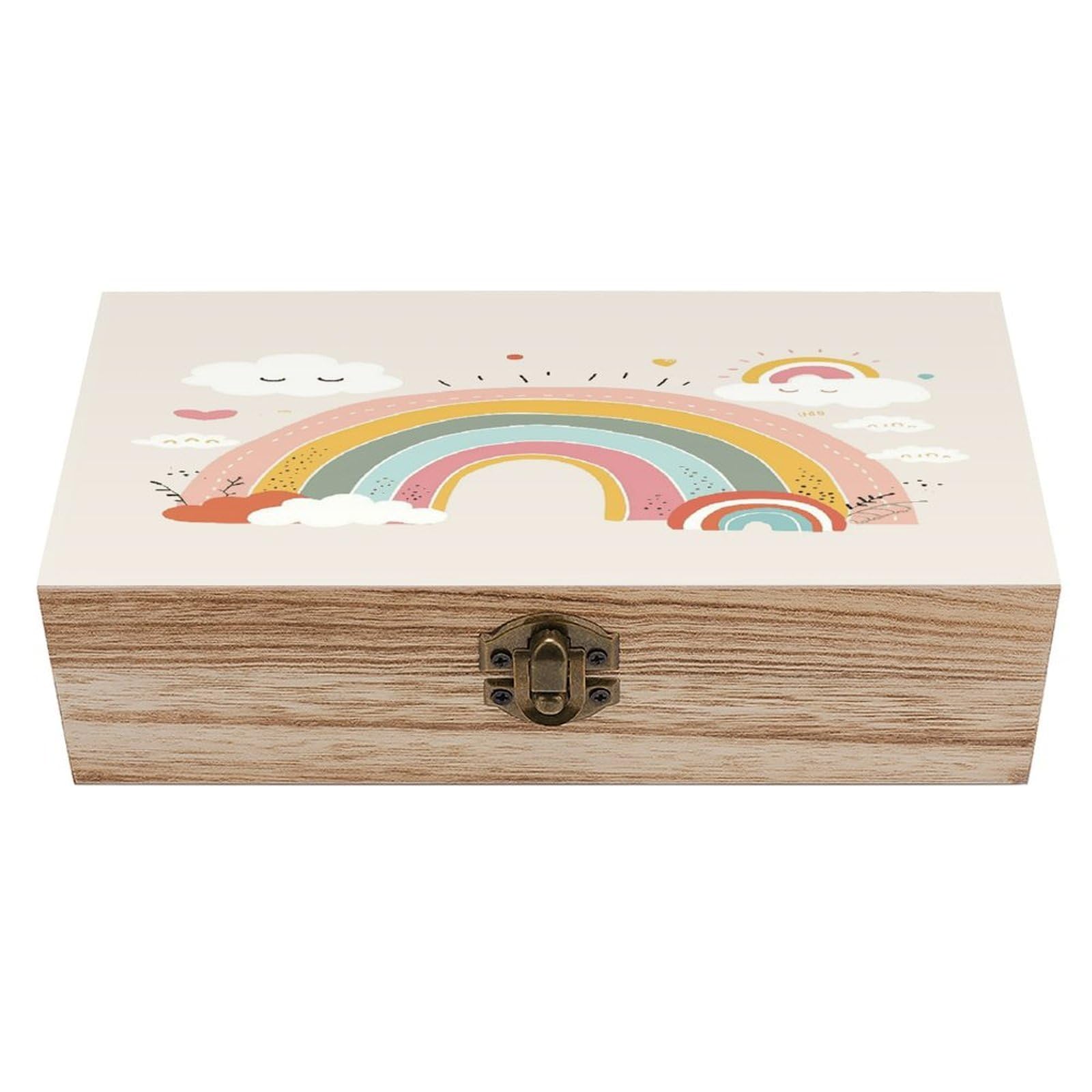 asbwuo Rainbow And Cloud Wood Keepsake Box Wooden Box with Hinged Lid
