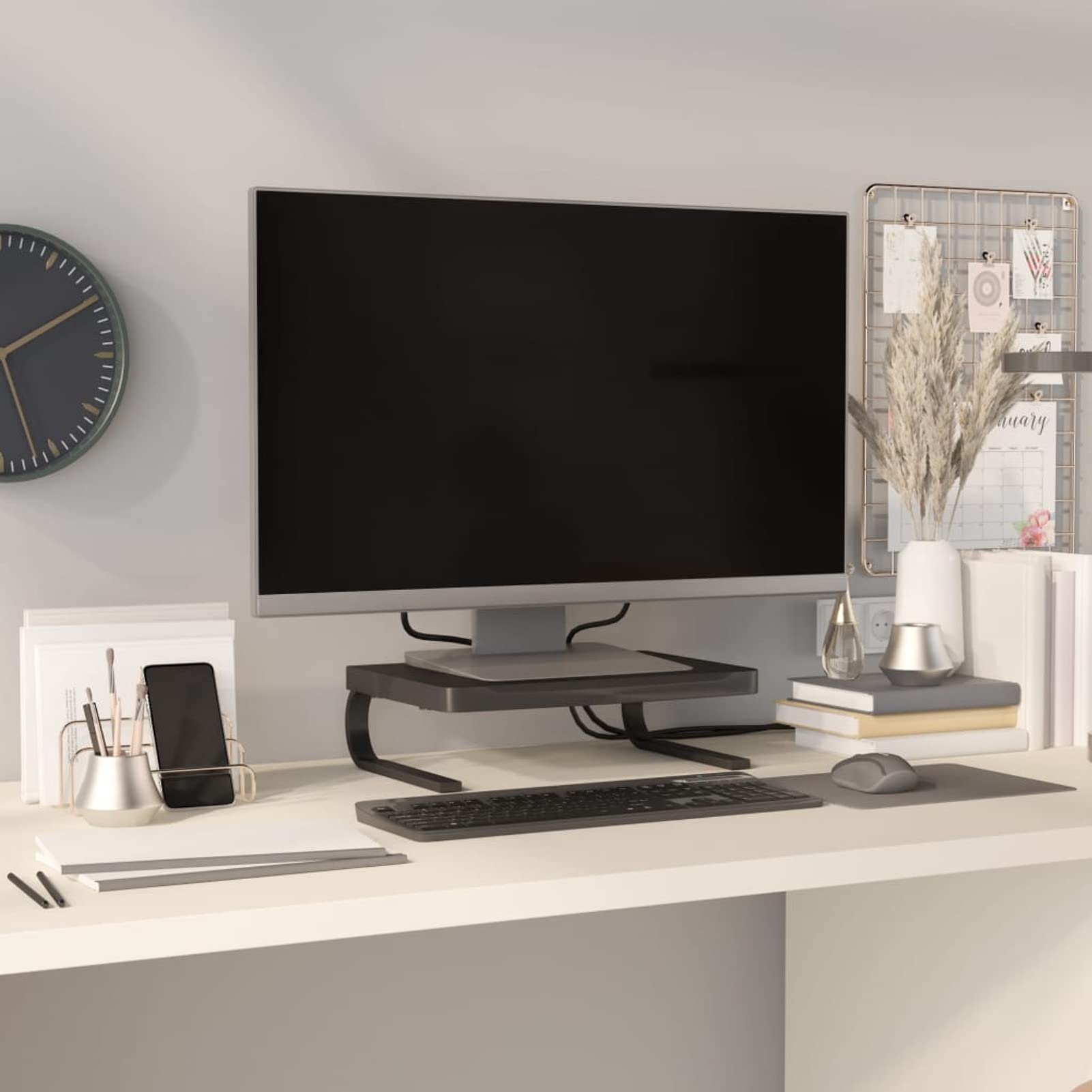 Homgoday Supporto per monitor per computer, altezza dello schermo per scrivania, laptop, supporto stampante, supporto per monitor, laptop, nero, 37 x 28 x 11,5 cm