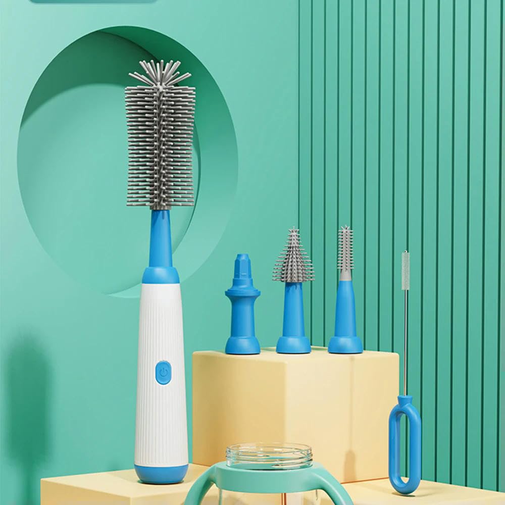 DYRBF - Juego de cepillos eléctricos para limpieza de biberones, inalámbrico, recargable, 1500 mAh, con cabezal de silicona, varilla de extensión y múltiples cabezales reemplazables para pezones y
