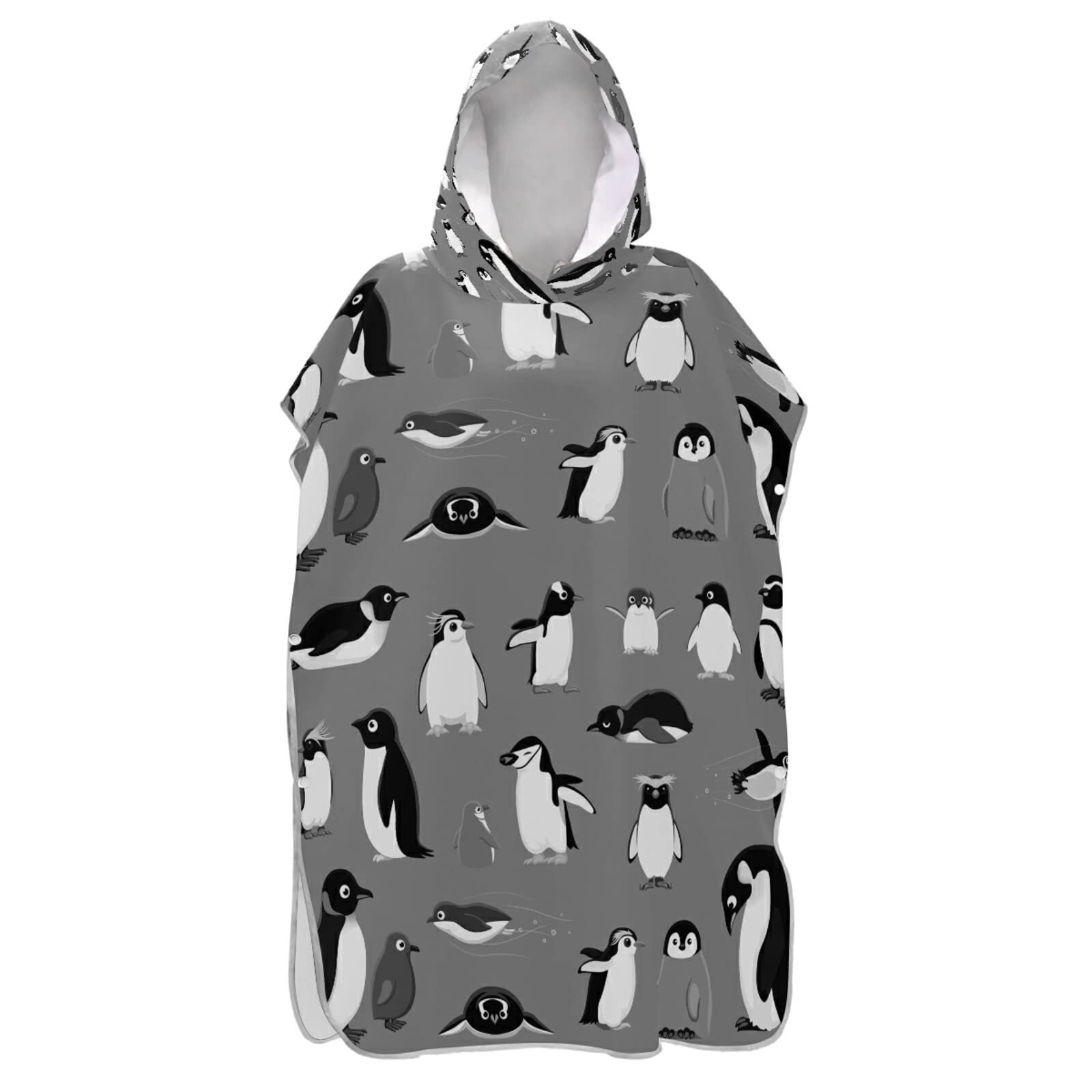 Verschiedene Cartoon-Pinguine, nahtloses Muster auf grauem Surf-Poncho, Wickelmantel mit Kapuze und Tasche, schnell trocknender Bademantel, Mikrofaser-Handtuch, Neoprenanzug für Bad, Strand, Outdoor