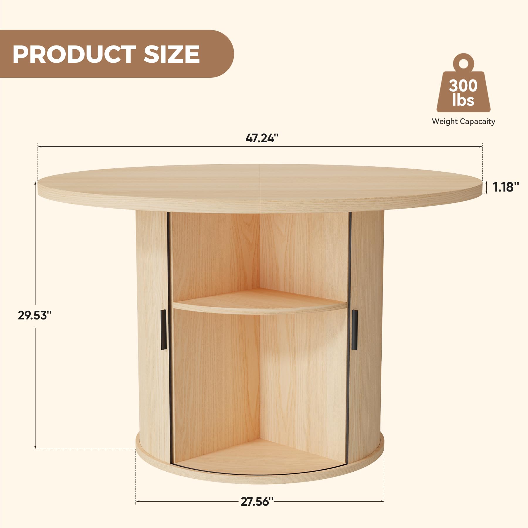 Hawthyhome Runder Esstisch 120cm mit Stauraum, Moderner Küchentisch mit Schiebetür & Lamellen-Optik, Esszimmertisch 4-teilige Holz Tischplatte, Rundtisch für Wohnzimmer, Küche, 2-6 Personen[Holzfarb]