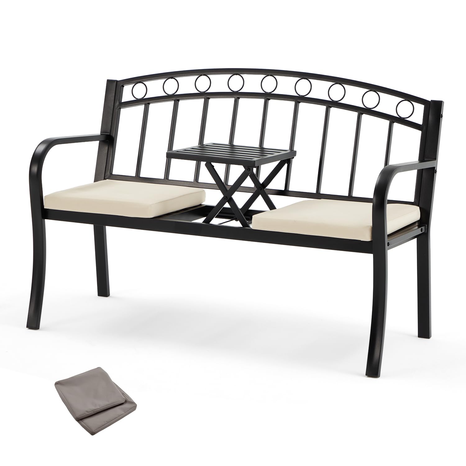 MELLCOM Metal Garden Bench with Liftable Middle Table, 2 Seater Outdoor Loveseat with Cushions, 2 in 1 Patio Bench for Garden, Balcony, Terrace, Outdoor Seating, Black