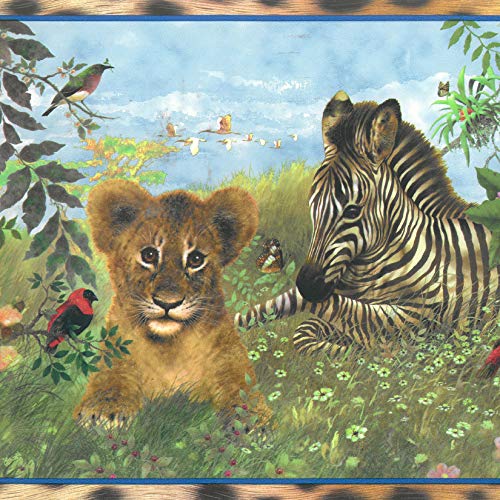 Dundee Deco Bd6289 Prepasted Wallpaper Border - Jungle Green, Blue, Brown Baby Animals Wall Border Retro Design, 15 Ft X 10 In (4.57M X 25.4Cm) #TOP8