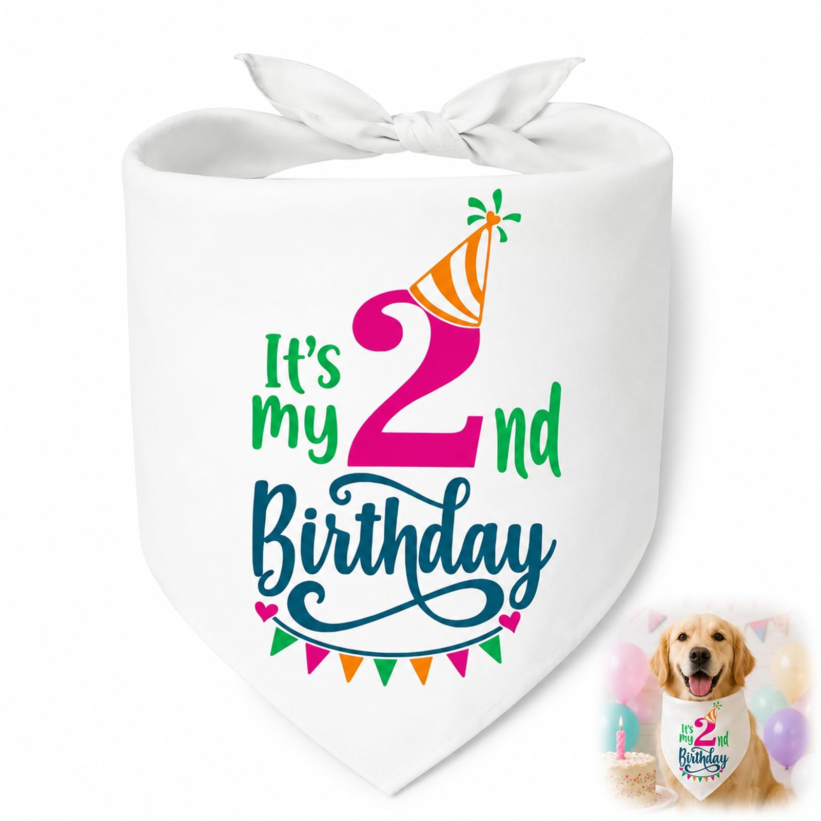 Party Dog Bandana, 2nd Birthday, White Tie-On Pet Scarf, Colourful Print
