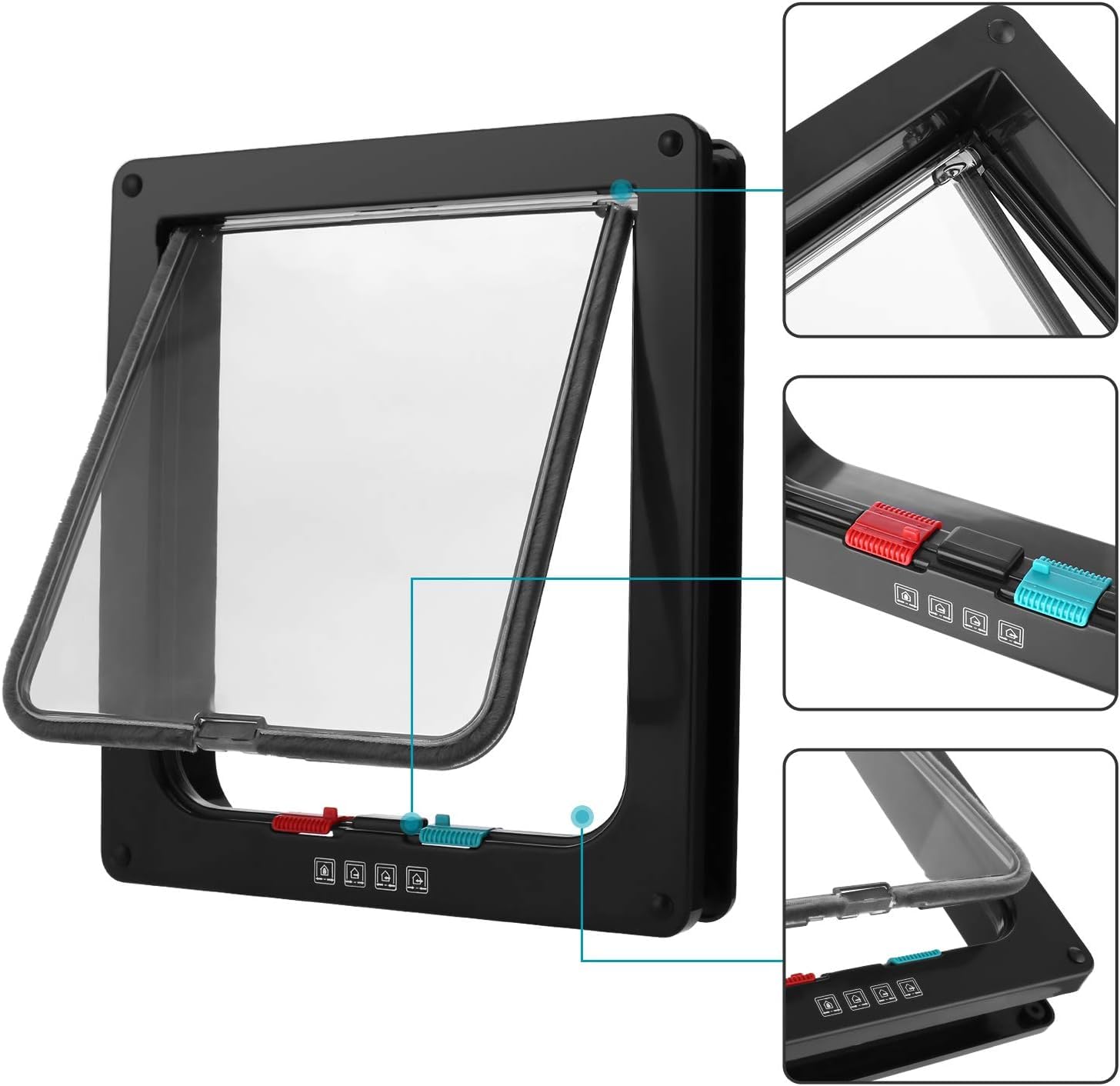 Sailnovo Puerta de Gato XL (tamaño Exterior 24,5 x 28,5 x 5,5 cm), Puerta para Gatos con 4 bloqueos para Puertas Interiores y Exteriores, Resistente a la Intemperie, para Gatos y Perros, Color Negro