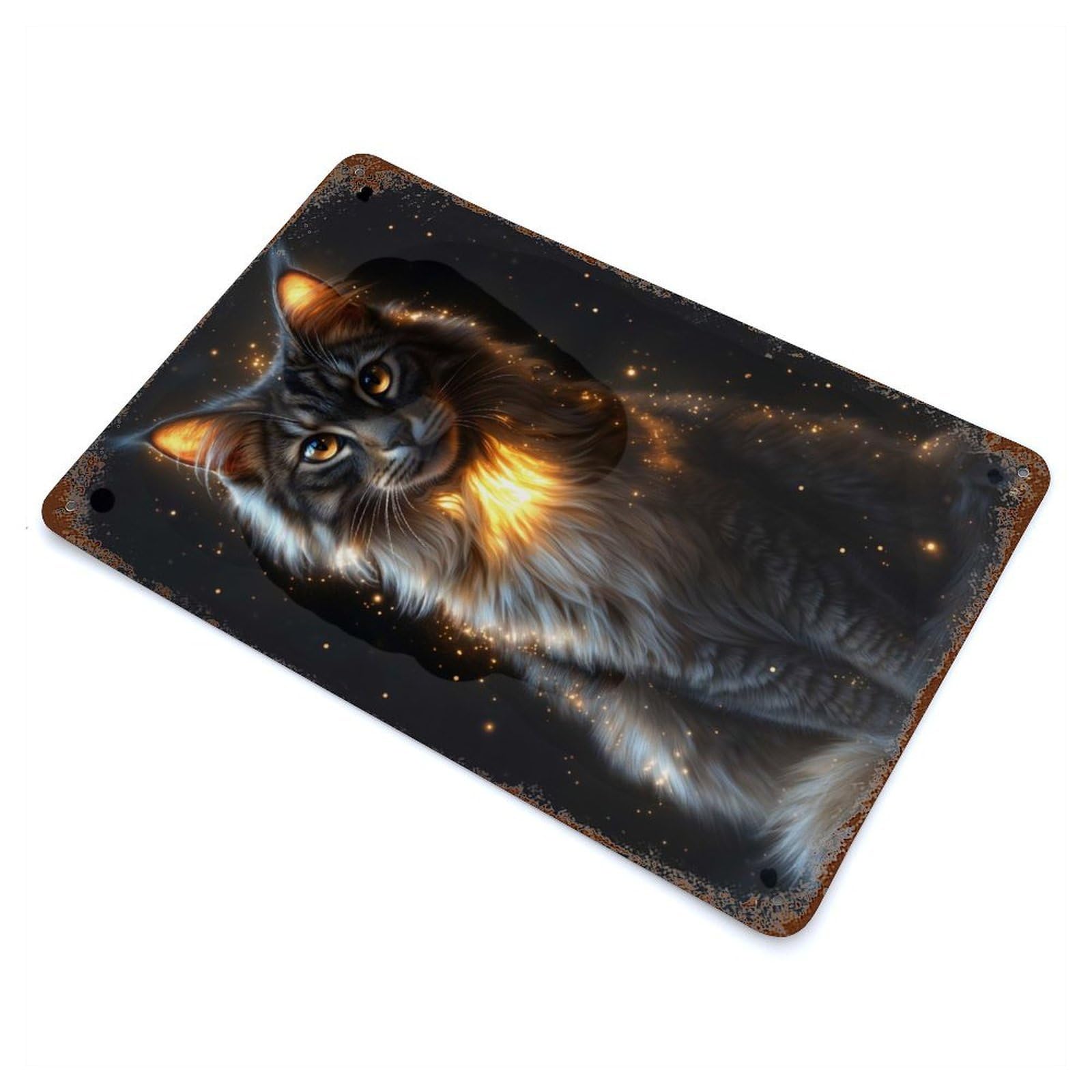 Golden Glow Maine Coon - Mystical Cat Art - Enchanted Feline Portrait Decorative Tin Sign 11.8"x7.9", for Bistro, Counter And Cafe Decor, Classic Wall Plaque