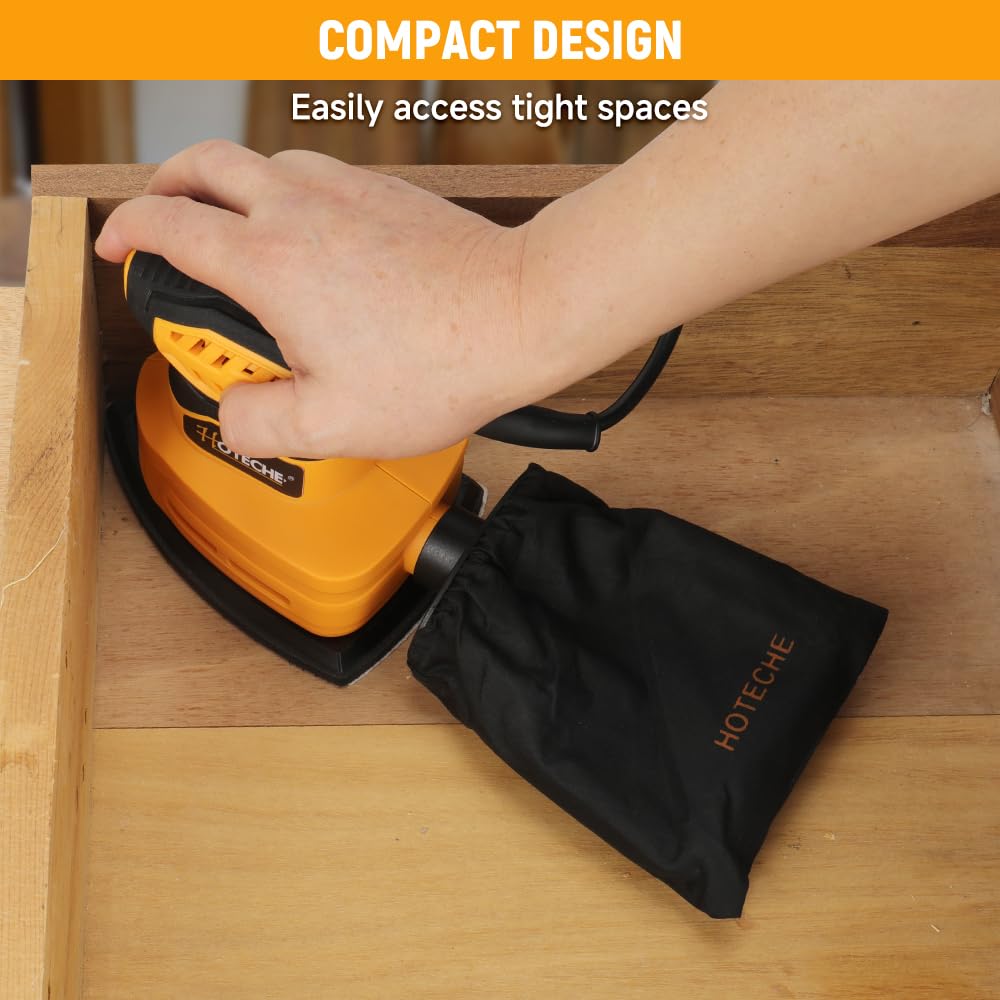 Hoteche Ponceuse delta 160 W - Puissante ponceuse pour bois, meubles et bricolage - 13000 tr/min - Auto-aspiration - Plaque 140 x 140 x 80 mm - Avec brosses en carbone - 5 feuilles abrasives et sac à