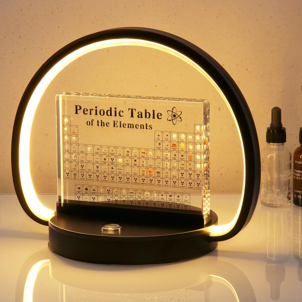 Tavola periodica con elementi reali all'interno - 83 tipi di elementi reali e espositore in acrilico,con lampada da scrivania a LED moderna dimmerabile per insegnanti studenti,Round black