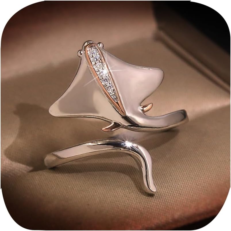 FLYYQMIAO Unique Cute Manta Ray Ring 925 Sterling Silver Stingray Open Ring Ocean Animal Adjustable Cubic Zirconia Ring Stingray Sea Wrap Around Bypass Ring Eternity Band for Women Men Unisex
