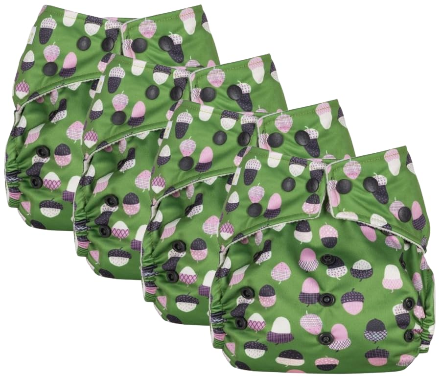 4 Pack Reusable Pocket Nappies with 8 Bamboo Inserts, Washable Cloth Diapers Adjustable Closure, Press Stud Popper, Mixed Designs. Highly Absorbent Award Winning Nappies. (Acorns)