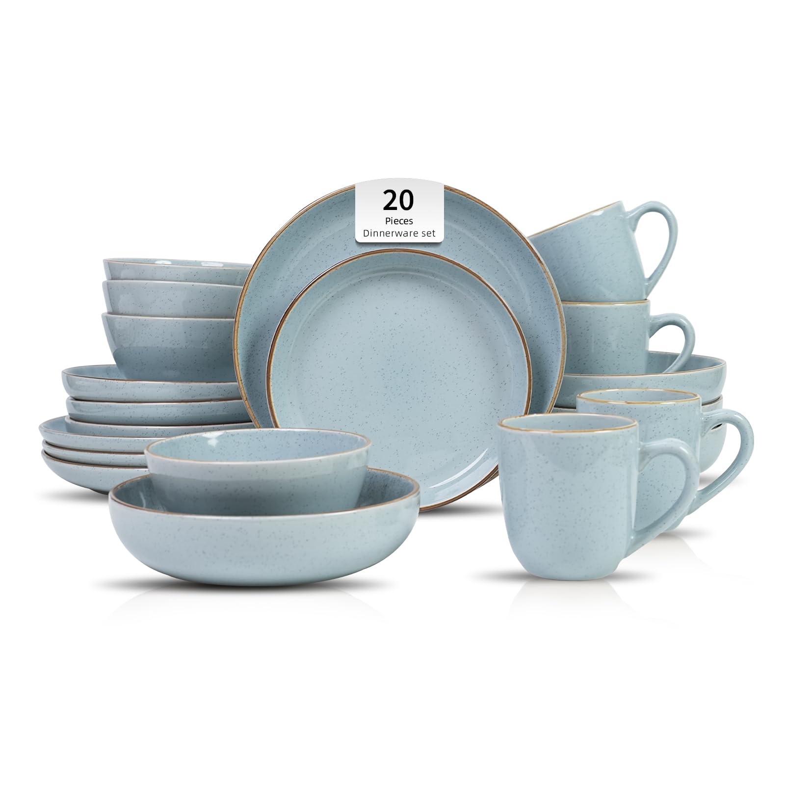 Juego de vajilla HomeVSS de 20 piezas - Para 4 personas, platos y cuencos azul claro brillante con efecto moteado, apto para microondas y lavavajillas.