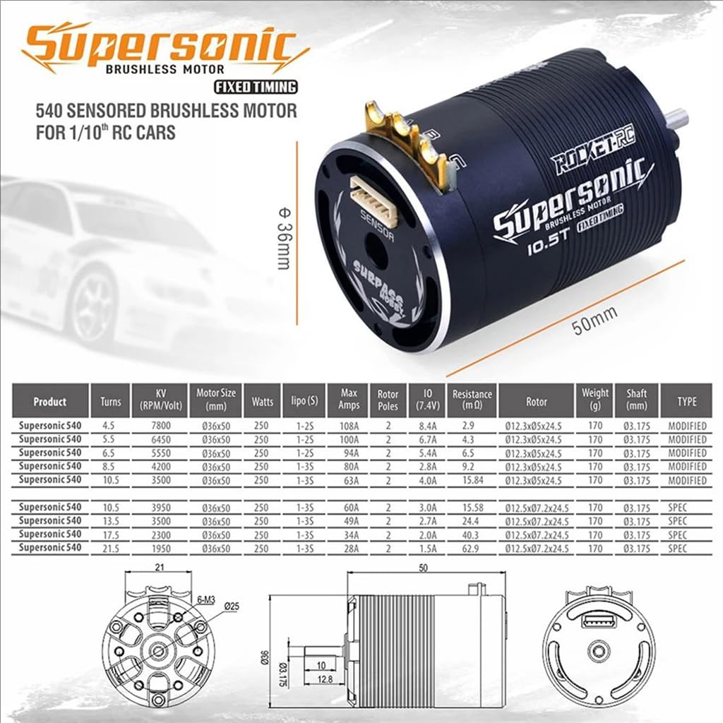 1-3S Supersonic 540 10.5T/3950KV Sensorato Motore Brushless Albero di temporizzazione fisso ø3.175mm per 1/10 RC Drift Racing Car Touring Car