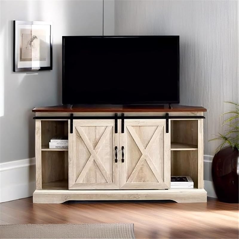 Pemberly Row Traditional Wood Corner TV Stand for TVs up to 52" with Sliding Barn Doors, 3 Adjustable Shelves, Cord Management Ports, for Living Room, in White Oak Finish image 2