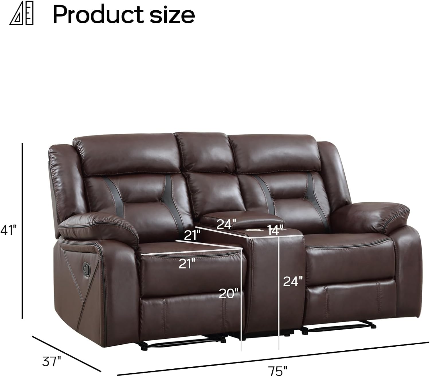 EBELLO Manual Faux Leather Loveseat Recliner, 2 Seat Reclining Sofa Chair with Center Console, Hidden Storage and Cup Holders, Daul Recliner for Living Room, Meeting Room, Dark Brown (Loveseat)