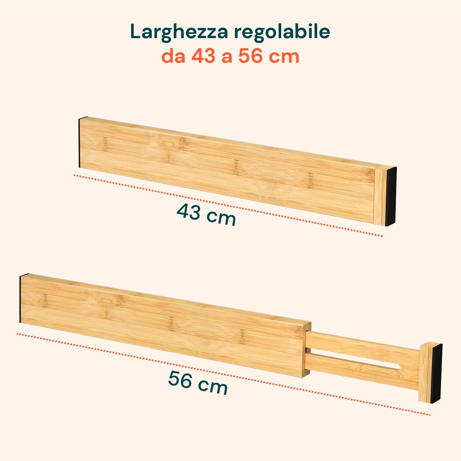 Avilia Divisori per Cassetti Set 4 Bamboo – Organizer Cassetti Regolabili 43–56 cm, Divisori Cassetti Cucina e Biancheria, Sistema a Molla Senza Attrezzi, Antiscivolo Salvaspazio