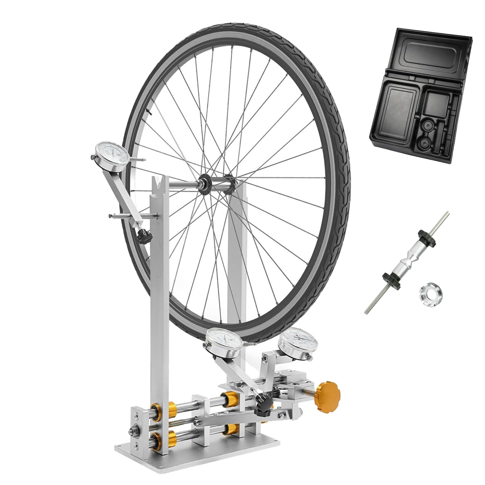 Centrador de Ruedas de Bicicleta, Plataforma de Reparación y Mantenimiento de Bujes con 3 Medidores y Caja de Almacenamiento, Soporte de Aleación de Aluminio para Centrar Rodamientos