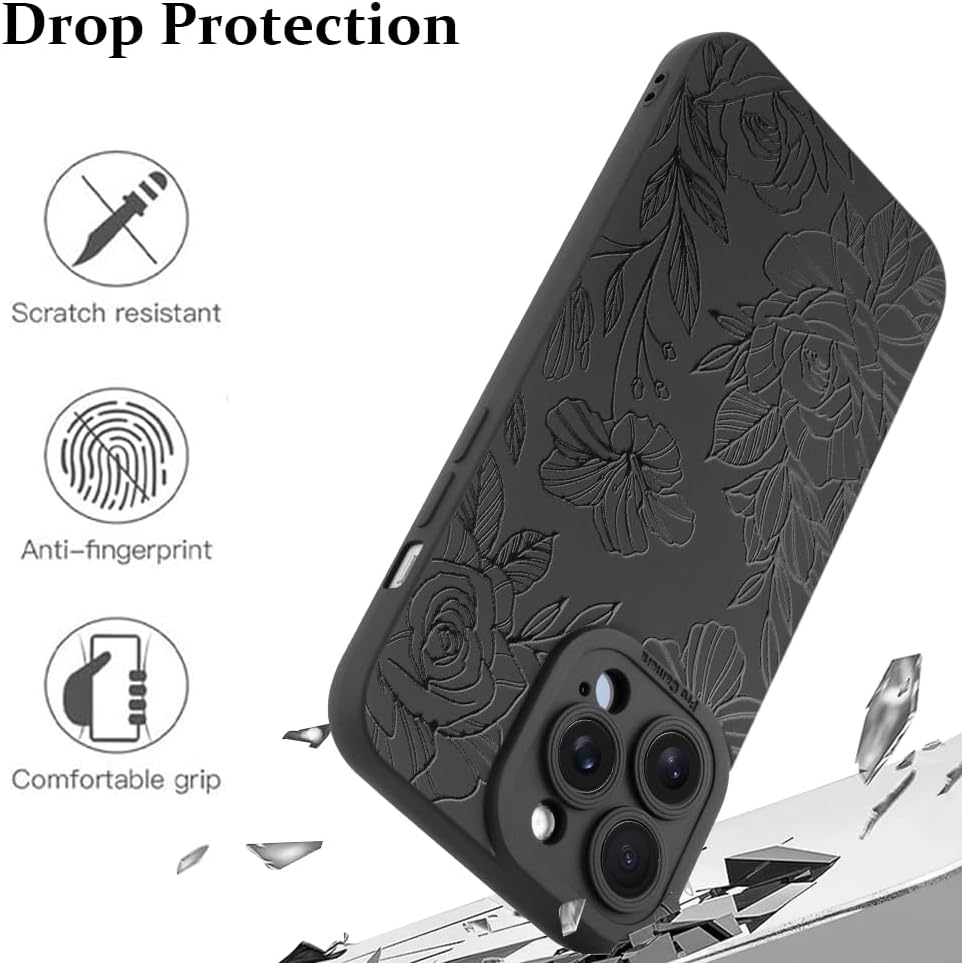 LSL Case for iPhone 13 Pro Max Black Floral Flower Pattern Print Design Soft TPU Full Camera Lens Anti-Drop Anti-Scratch Shockproof Protective Slim Cover for Women Girls - Image 2