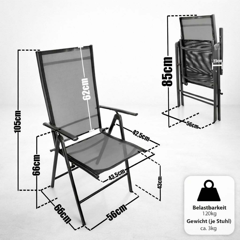 BigDean 4 Gartenstühle Hochlehner klappbar bis 120kg belastbar grau schwarz | 7-fach verstellbarer Balkonstuhl für Garten Terrasse & Camping - Klappstuhl Balkon Gartenstühle