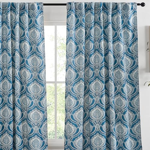 HLC.ME Messina Paisley Semi Blackout Blue and White Curtains 84 Inch Length - Rod Pocket Blue Floral Curtains for Bedroom & Living Room - Vintage Botanical Print Pattern - Set of 2 (52" W x 84" L)