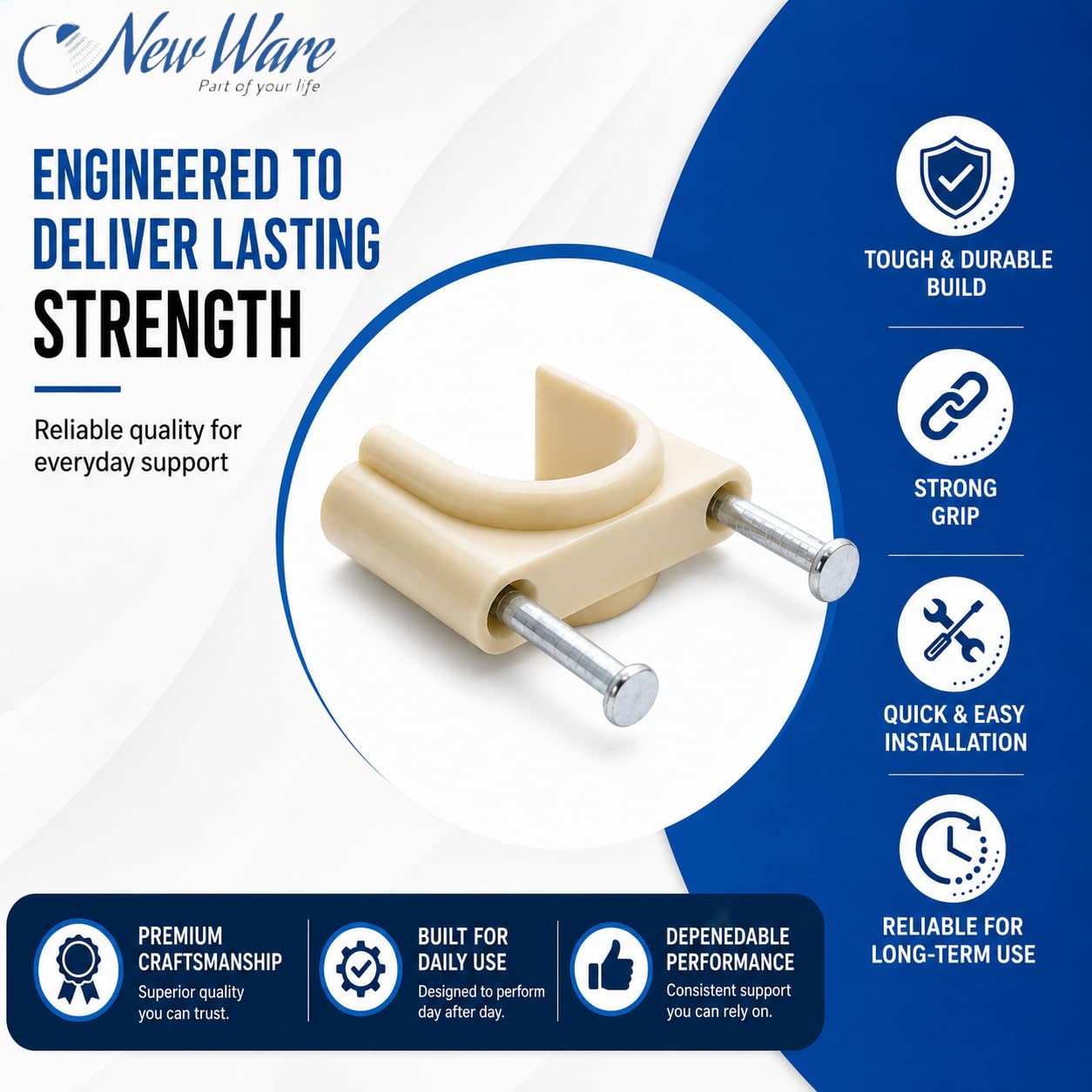 NEW WARE® 20 mm PVC U-Shaped Pipe Clamps with Flat Nail | Ivory Wire & Tube Holder Clips | Durable Mount Pipe Fixing Brackets for Electrical Wire, Cable & PVC Pipes | Cable Management | Pack of 25 2