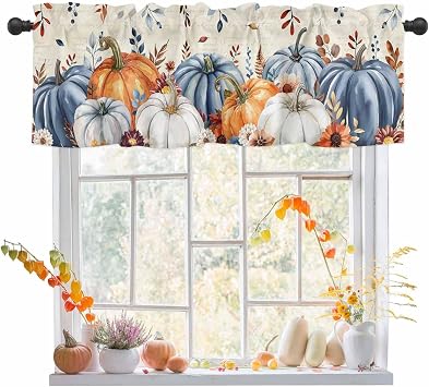 Vintage Fall Thanksgiving Curtain Valances for Windows Autumn Pumpkin Tier Curtains, Eucalyptus Curtain Short Valance Valence Rod Pocket Farmhouse Curtains for Kitchen Living Room Bathroom 60 x 18