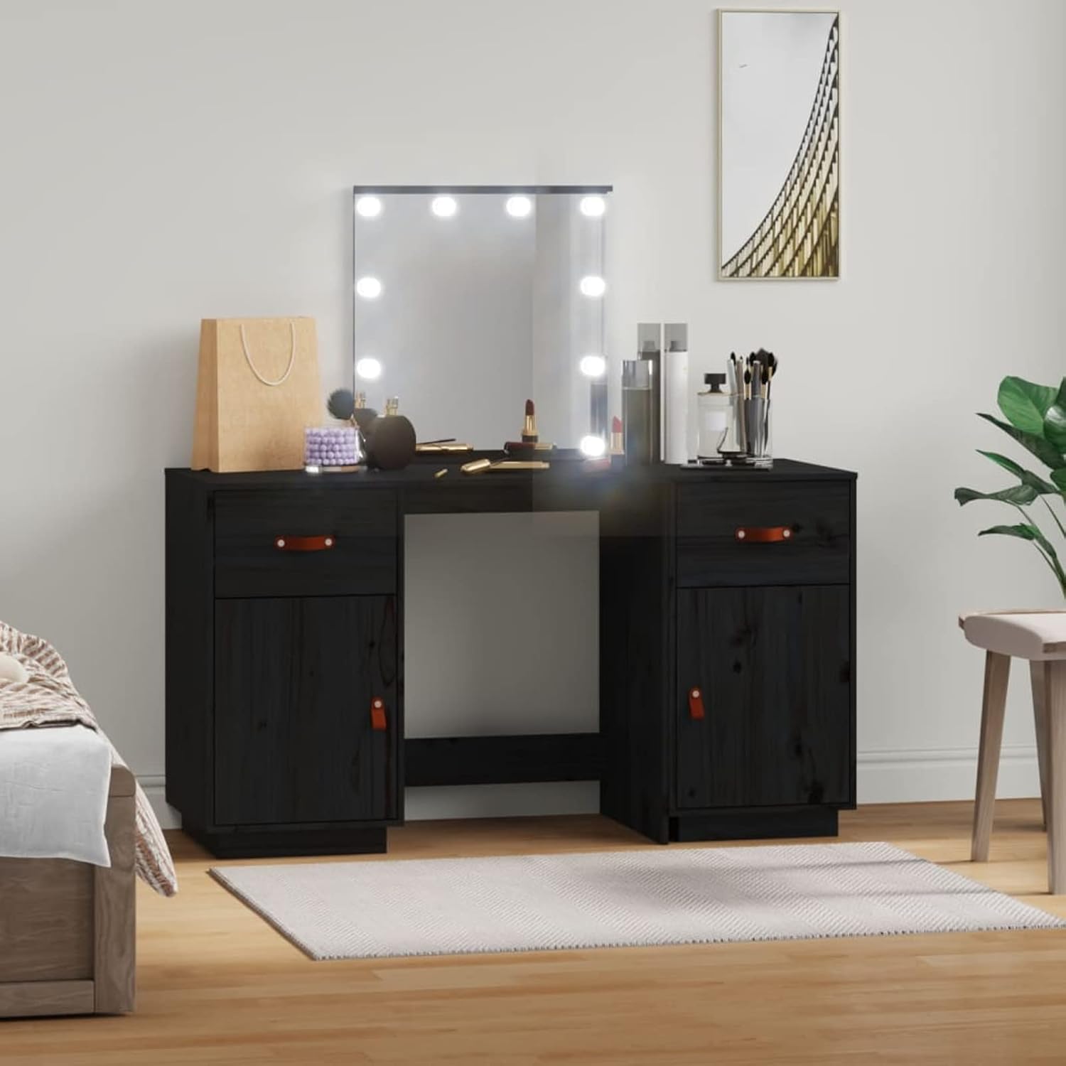 Homgoday Dressing Table Set with Black LED Solid Pine Wood Space Saving