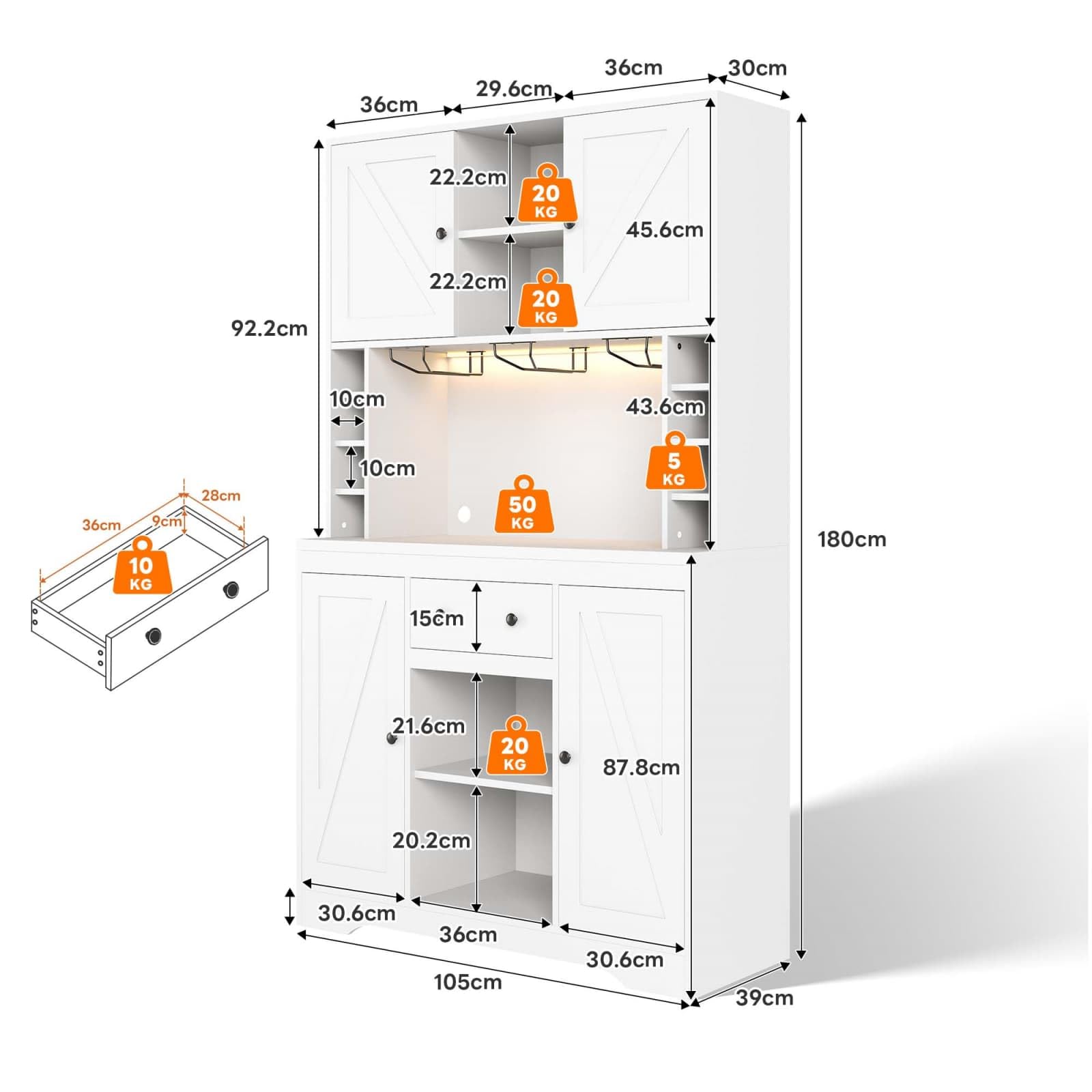 Sweiko Meuble de Cuisine avec Porte-Verres et Cave à Vin, Buffet Haute avec Prises et USB, Sideboard multifonctionnelle avec LED Intelligent, Plan de Travail