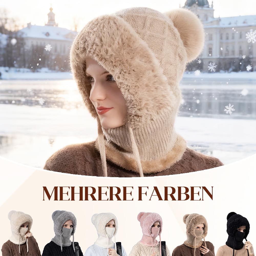 Toerjii Wintermütze Damen,Balaclava Damen,3 in 1 Beanie Mütze Warm Strickmütze & Halswärmer Sets,Multifunktional Verstellbar Gesichtsmaske für Täglich und im Freien