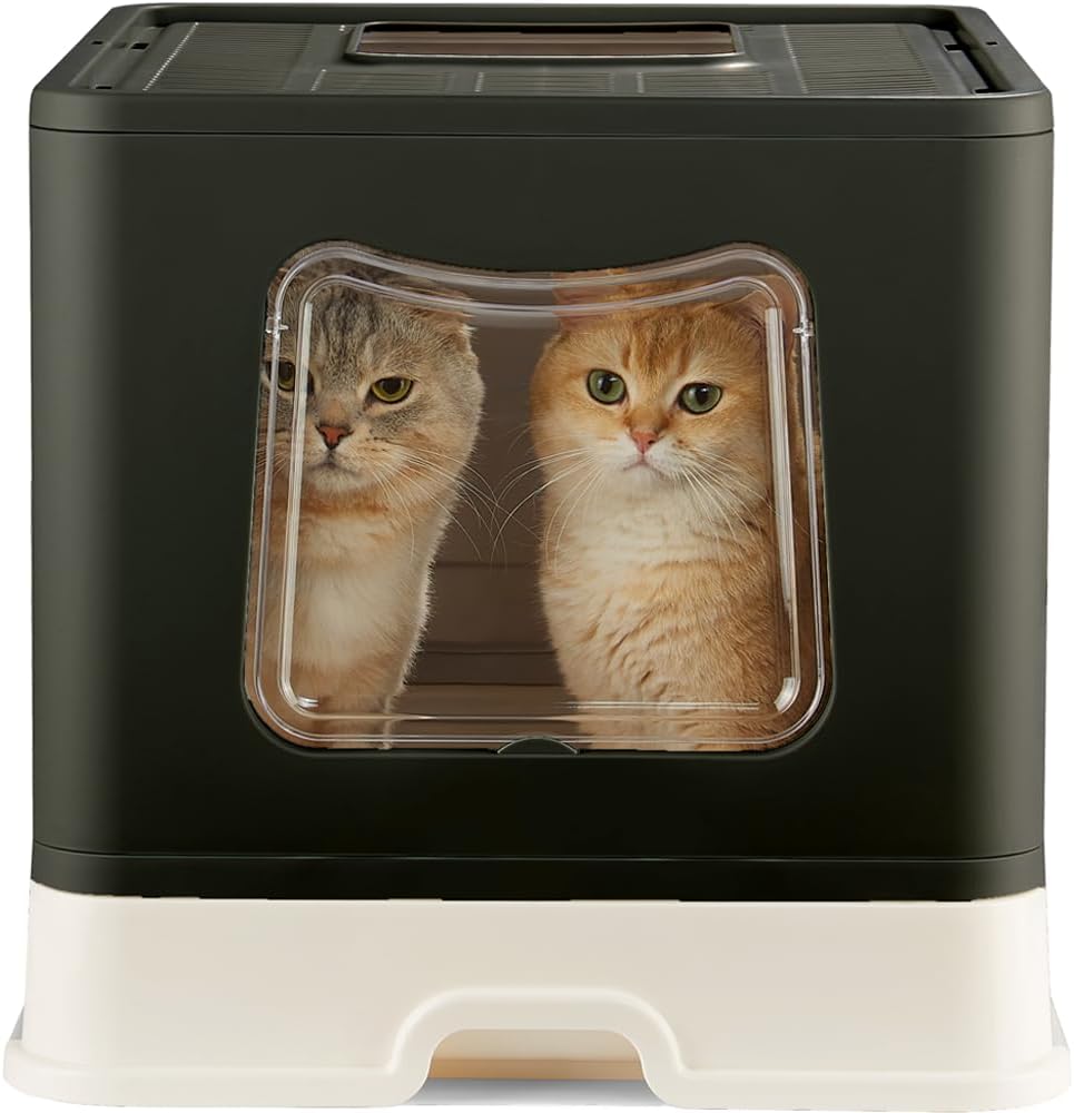 Vealind XL Large Covered Cat Litter Box Top Entry, Odor Control Big Enclosed Cat Litter Box with Lid and Scoop for Big Cats or Multiple Cats，Kitty Litter Box Enclosure Black