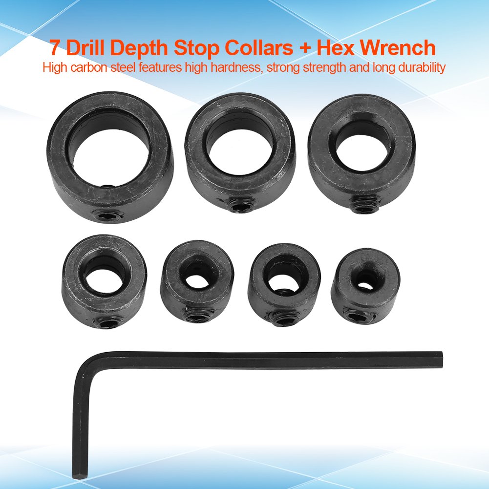 Drill Stop Bit Collar Set, 7pcs/set 3~12mm Drill Depth Stop Collars Assortment Set with Hex Wrench, Woodworking Tool