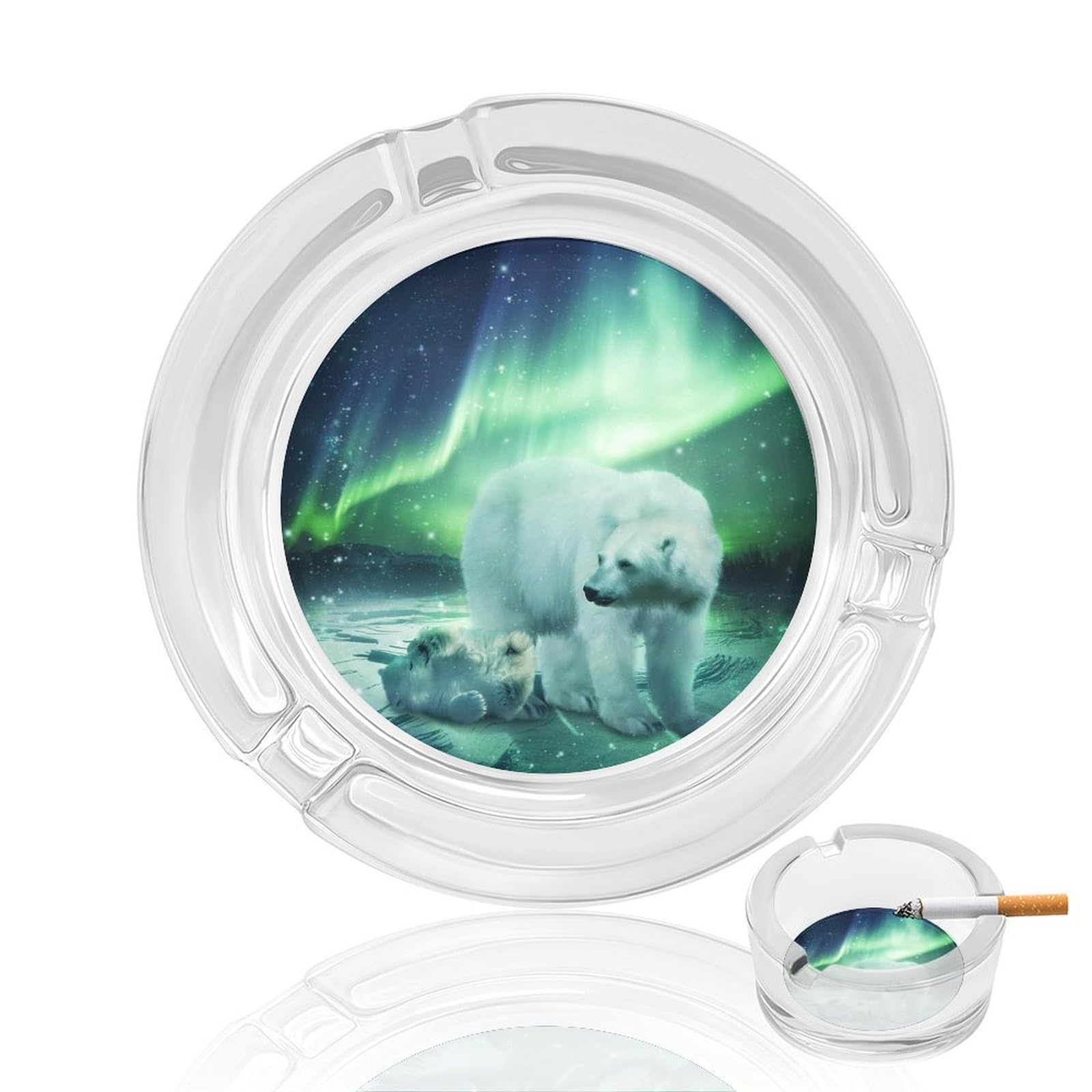 Northern Lights Polars-Bears Ashtray Portable Round Glass Outdoor Ash Tray for Home Office Garden Pub