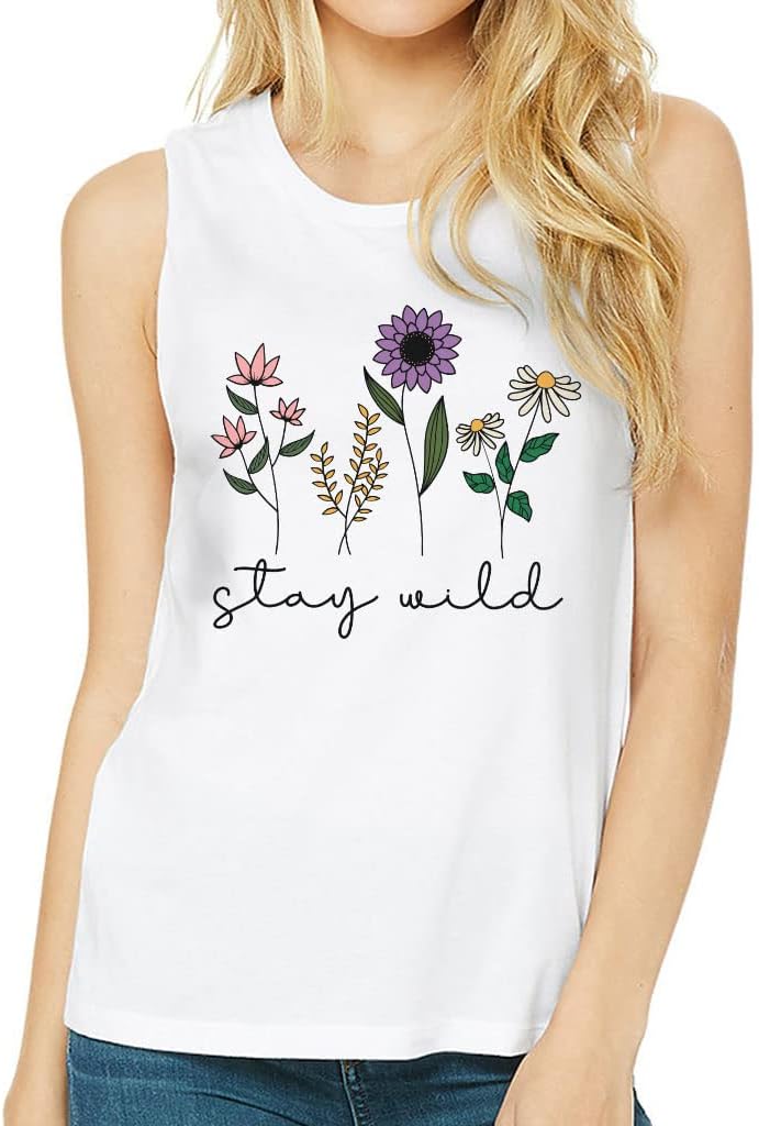 Stay Wild Women's Muscle Tank - Print Tank Top - Flower Workout Tank