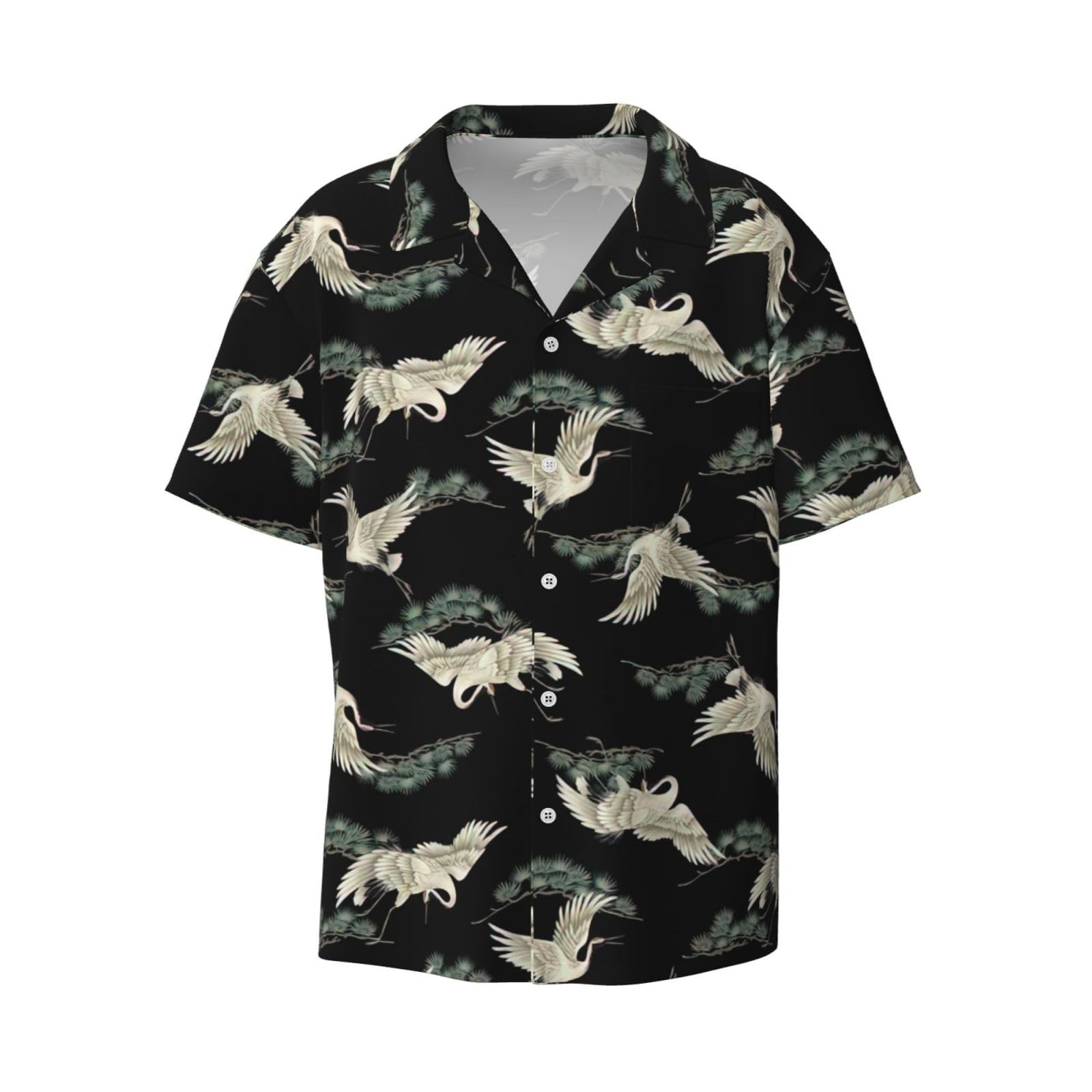 Yyoretp Men's Black Japanese Crane & Pine Print Hawaiian Casual Short-Sleeved Shirt For Button Down Holiday Beach Shirt