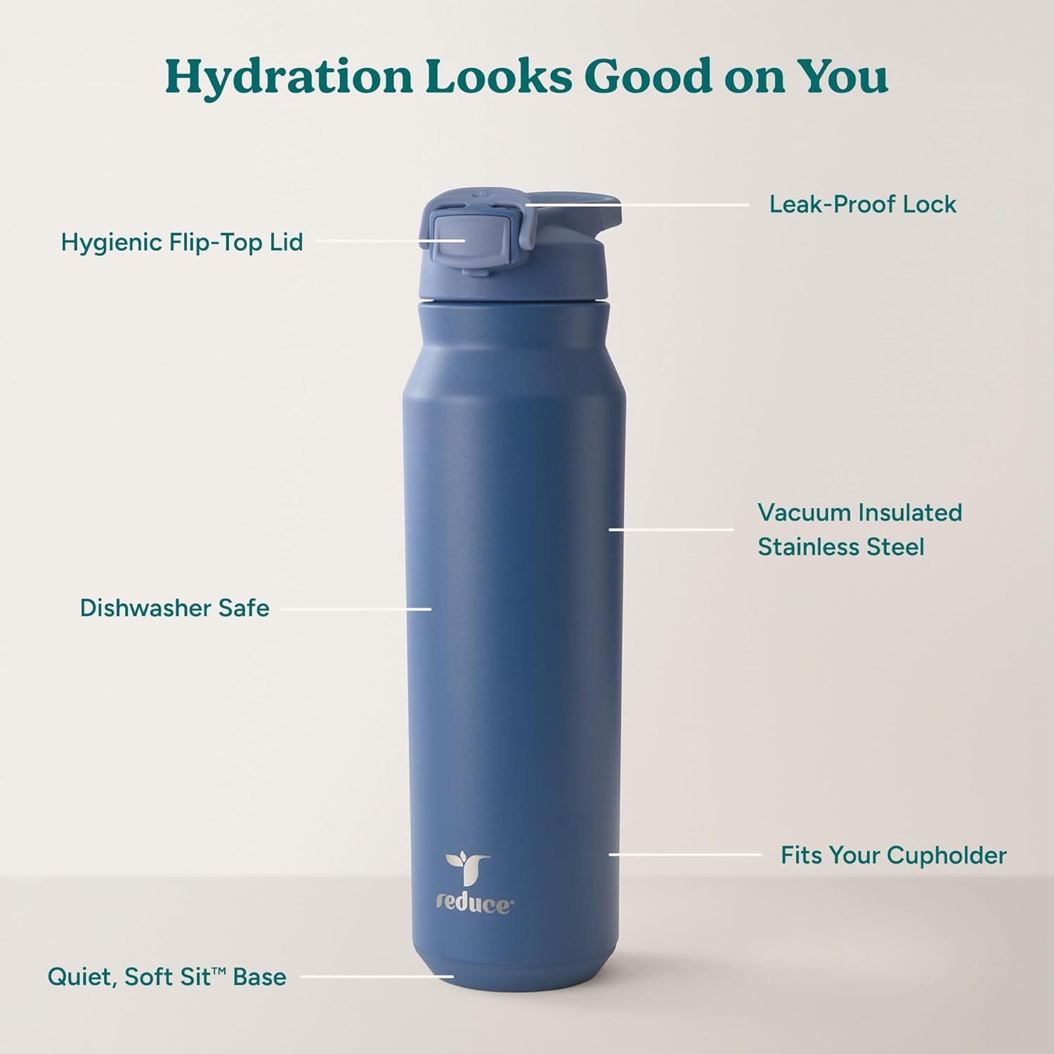 REDUCE 32 oz Hydrate Pro Stainless Steel Insulated Water Bottle - Flip Top Leak-Proof Lid, Dishwasher Safe, BPA-Free, Dual Wall Vacuum, Keeps Drinks Cold for 48 Hrs, Cup Holder Friendly - Mineral Blue - Image 3
