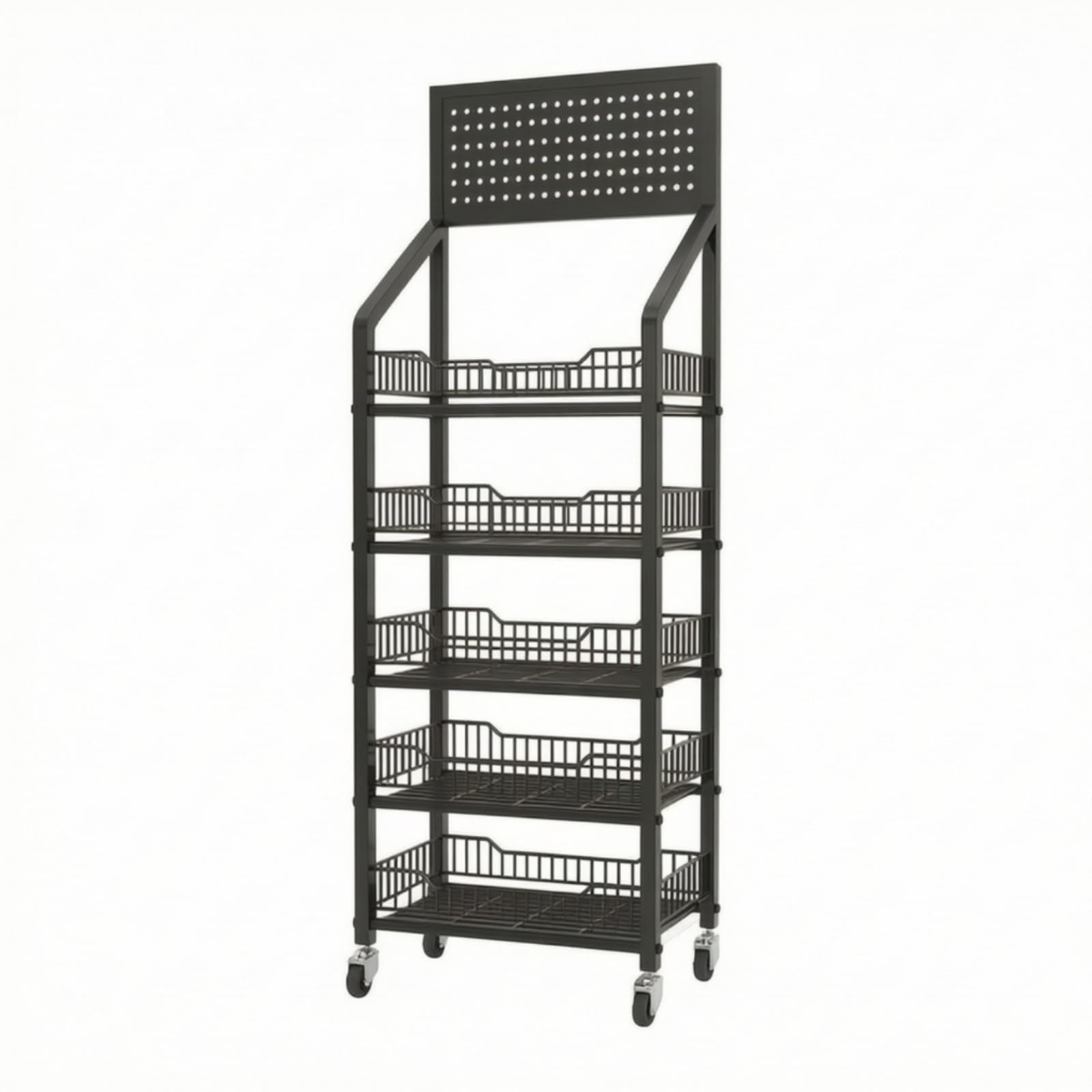 Qianly Estantería Metálica 5 Niveles Estrecho Expositor Tienda con Ruedas Vertical Estante con Ruedas para Vendores, Supermercados, Negro, 50cm