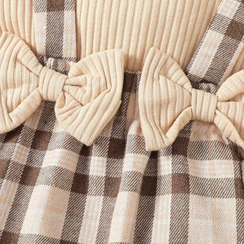 Baby Girl Fall Outfit Long Sleeve Ribbed Romper with Plaid Suspender Bloomers and Headband4