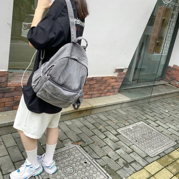 Lightweight Travel Denim Backpack Vintage Daypack Y2K Backpack Multipurpose Adjustable Shoulder Bags for Women Men (Grey) - Image 2