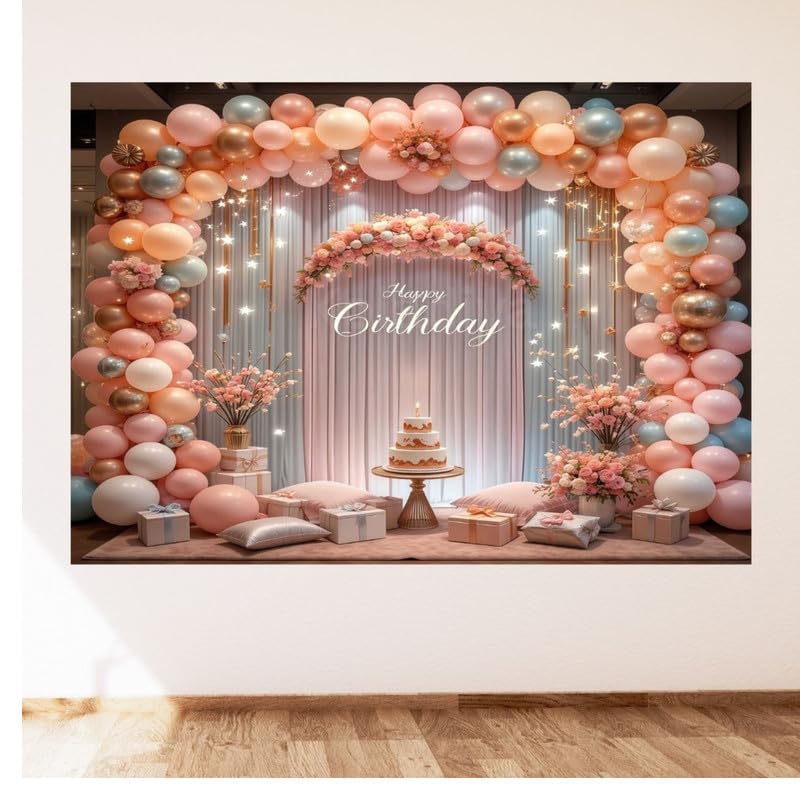 Image of Balloon Party Backdrop with Floral Accents - Elegant Birthday Decoration and Photo Background Setup